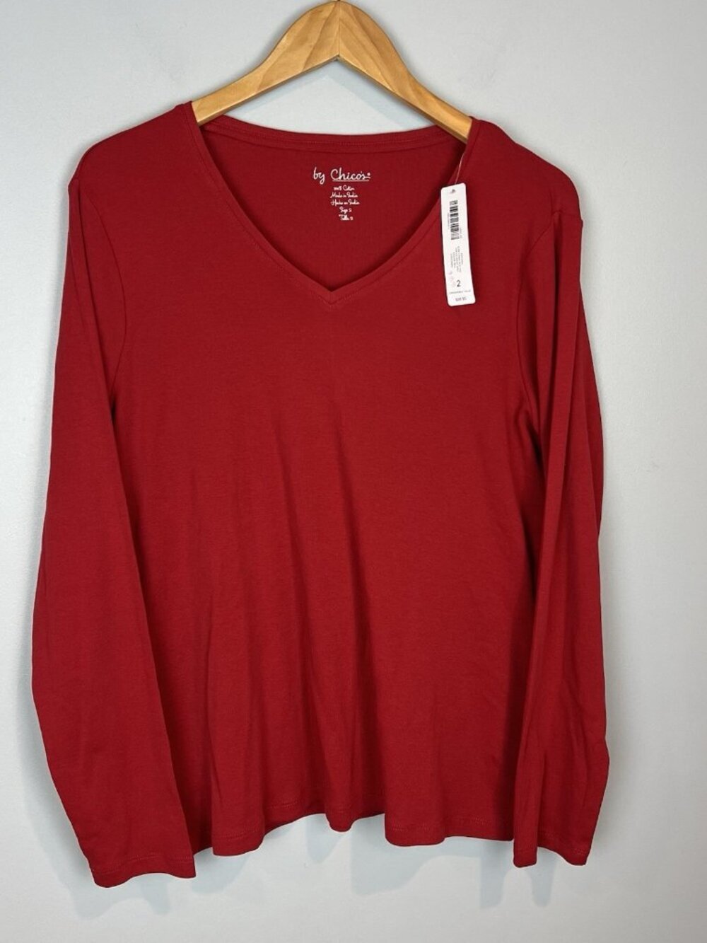 Chico's Red Long Sleeve Shirt Womens Size Large V‎ Neck Tee NWT
